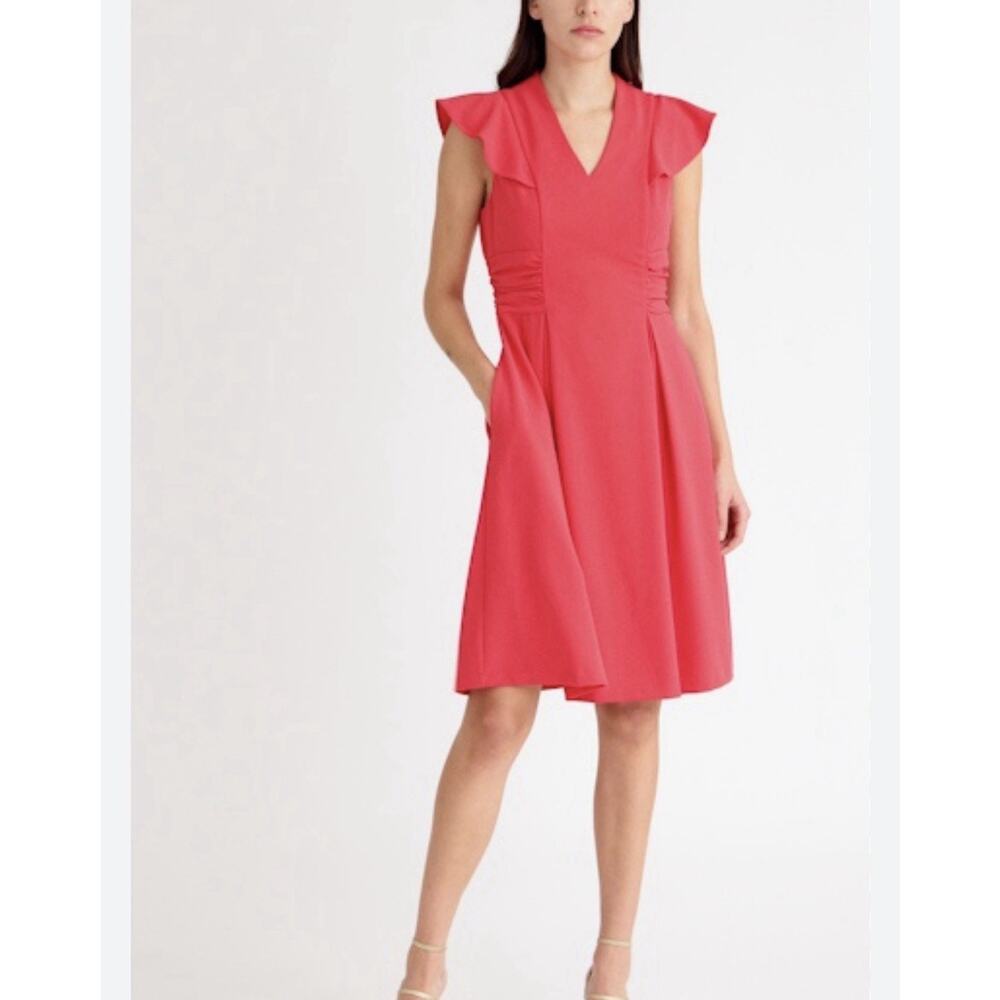 Tahari ASL Side Touched Flutter Sleeve Coral Dress NWT 18